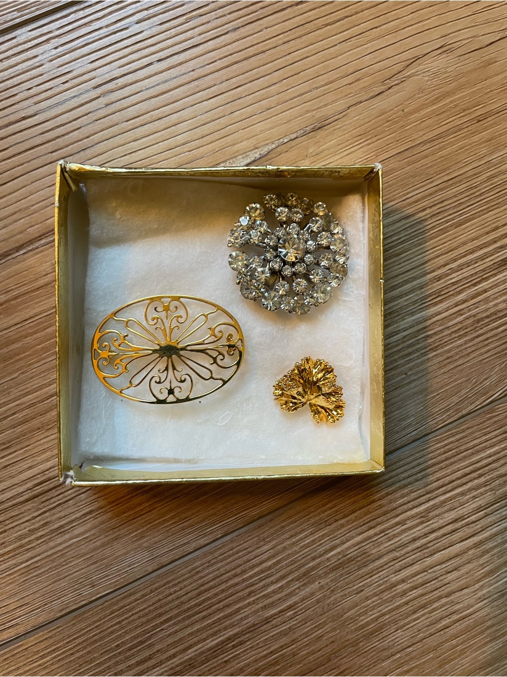 Gold and Crystal Vintage Brooch Trio - Floral & Filigree